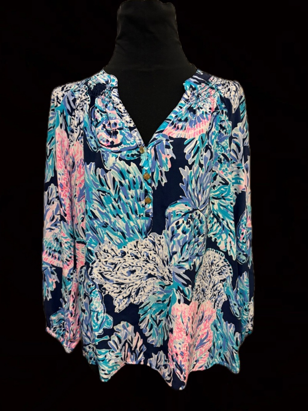 Lilly Pulitzer Navy, Aqua & Mint Tropical Print Blouse